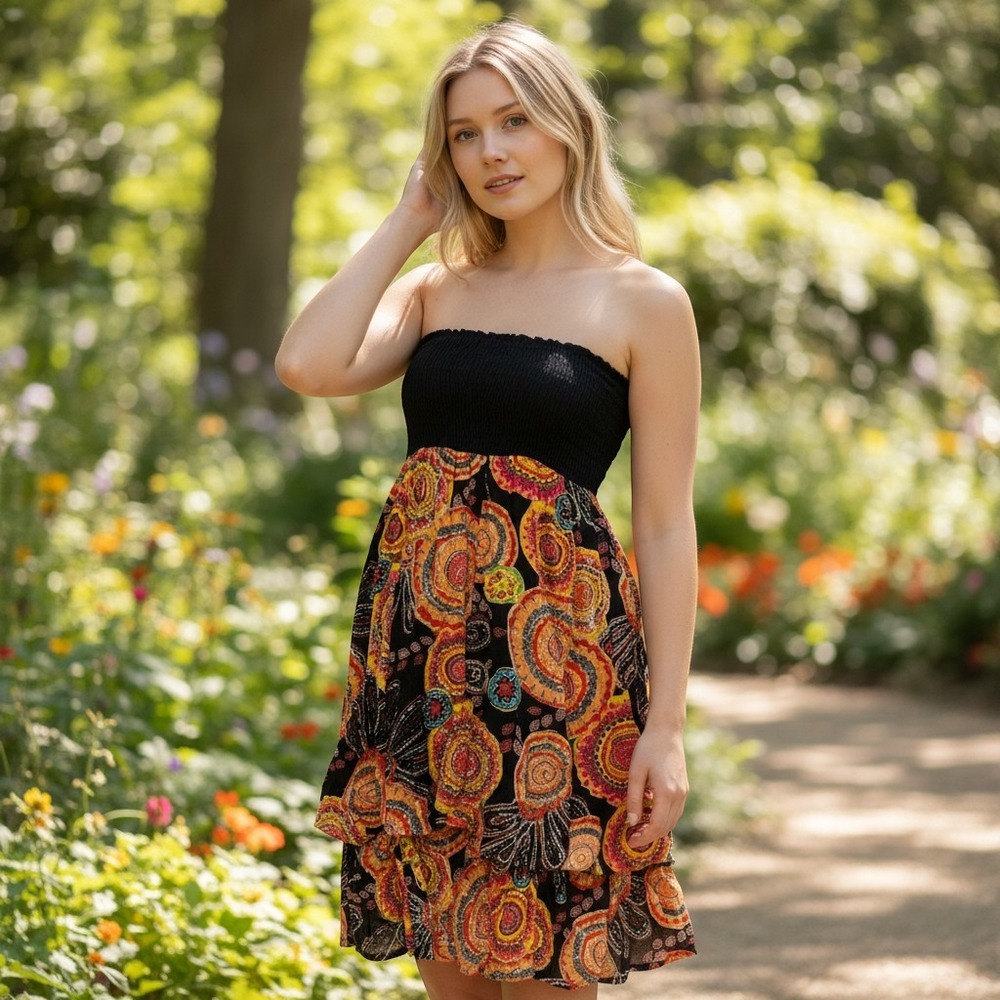 y2k Metrostyle Strapless Smocked Boho Dress Sequin Embroidery Paisley Print M